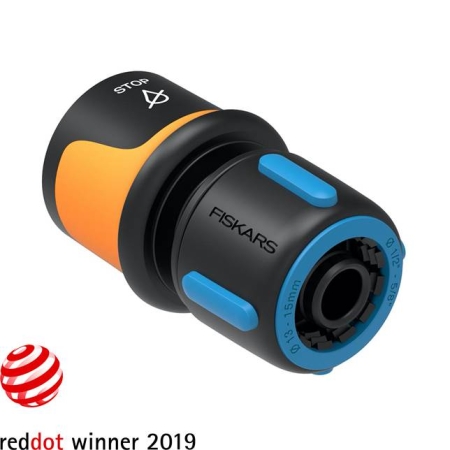 CONECTOR RÁPIDO FISKARS PARA MANGUERAS DE 13 MM. A 15 MM. CON SISTEMA STOP CONFORT